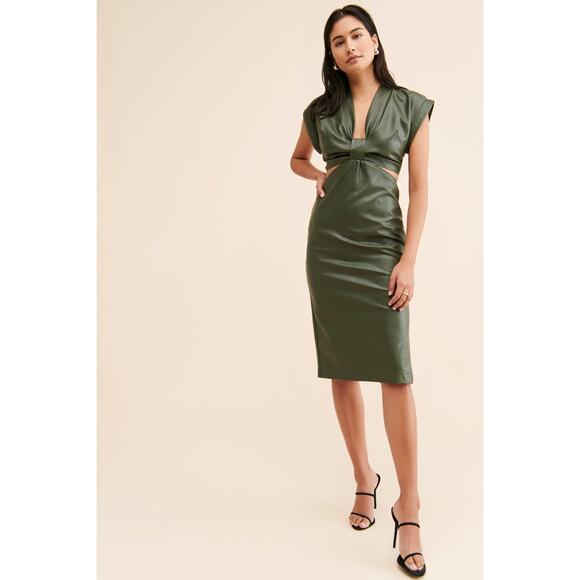 Eva Franco Vegan Leather Cut Out Midi Dress Green Size 6 GORGEOUS EUC - Picture 3 of 11